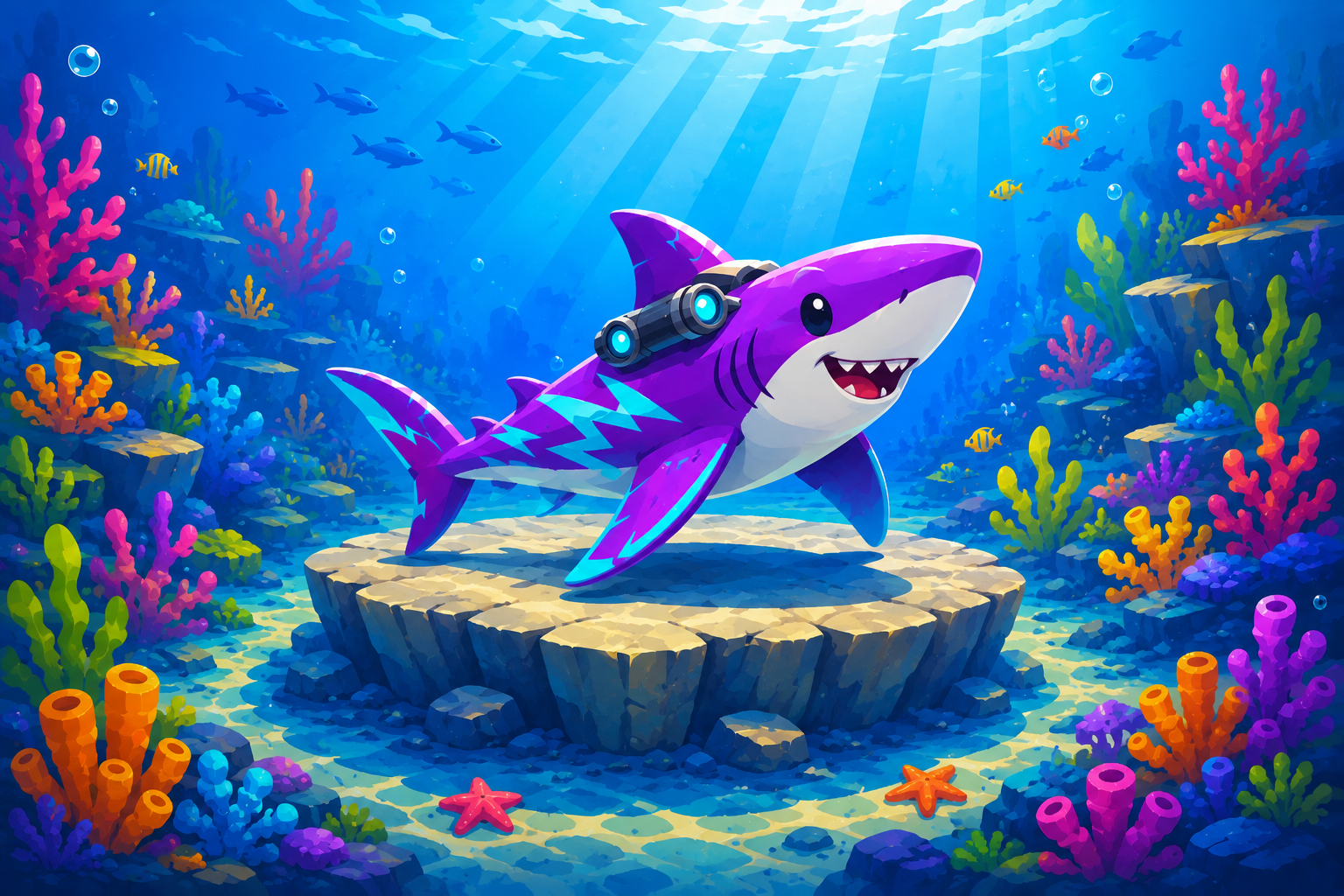 A customized purple shark racer in a bright underwater reef scene representing shark customization.