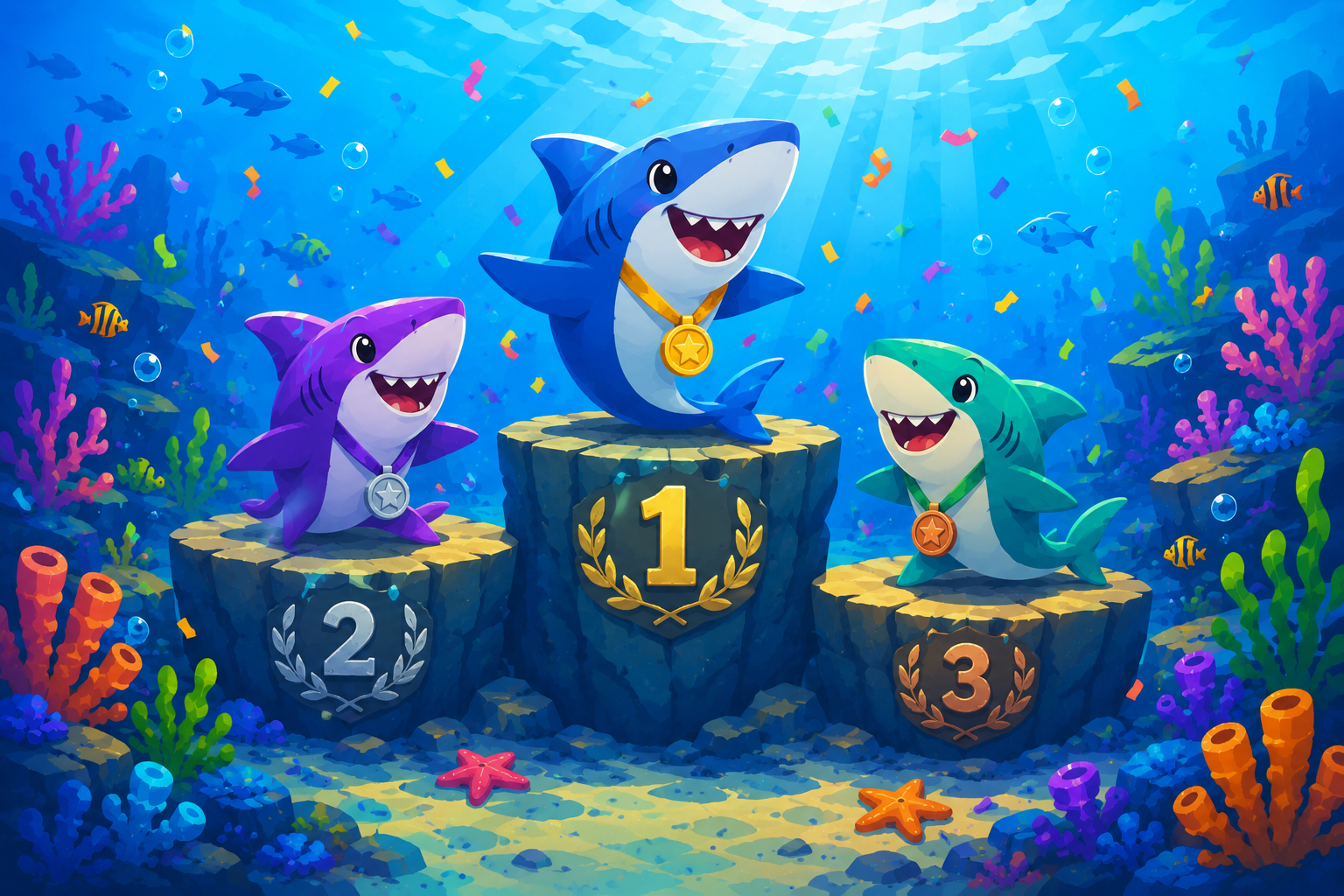 Champion sharks on an underwater podium representing SharkTypers highscores and Apex competition.