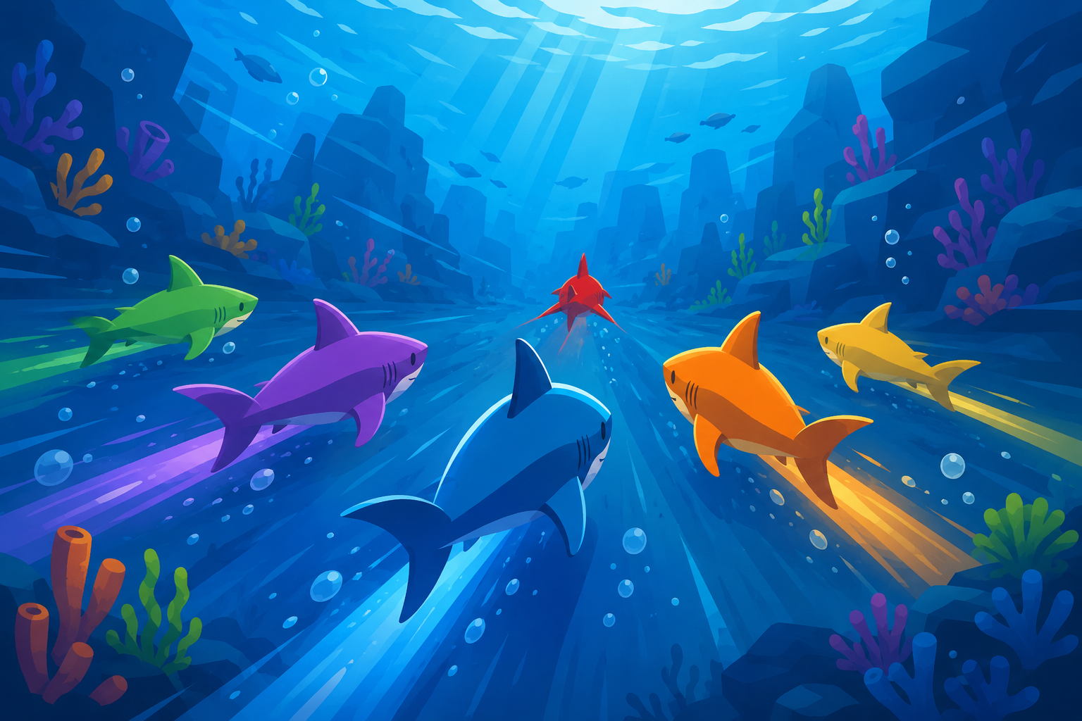 Colorful sharks racing through an underwater course for quick online typing races.