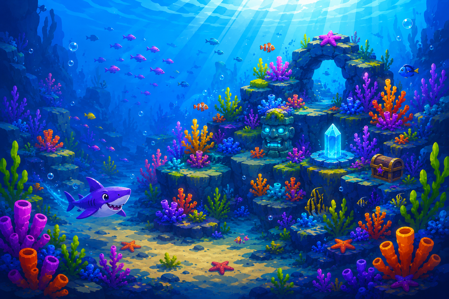 A glowing underwater reef filled with coral, treasures, fish, and reef collectibles.